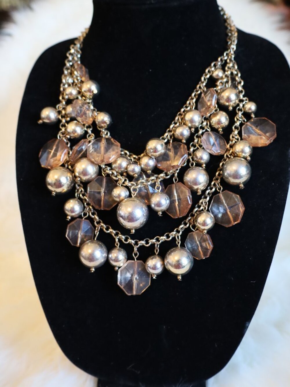 3-Tier Gold & Beveled Brown Bead Necklace #45